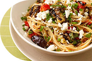 photo of pasta with eggplant and tomato sauce