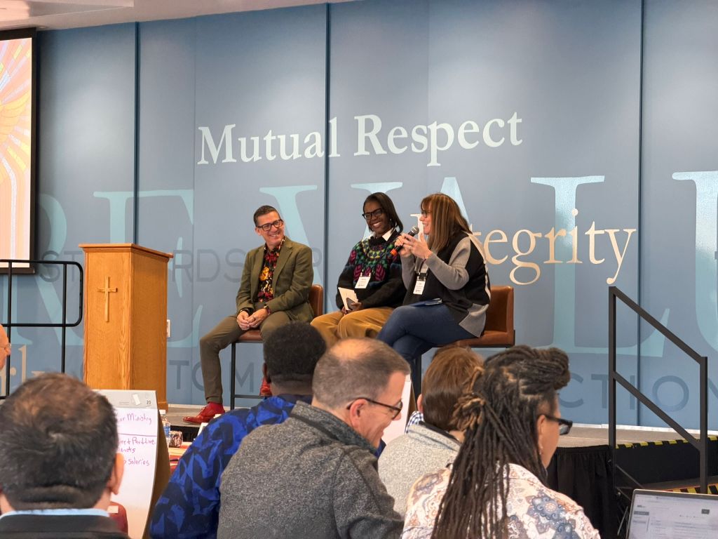 Andy Hendren (General Secretary, Wespath, Rev. Dr. Stephanie Moore Hand, and Bishop Lanette L. Plambeck closing the first day of the event.