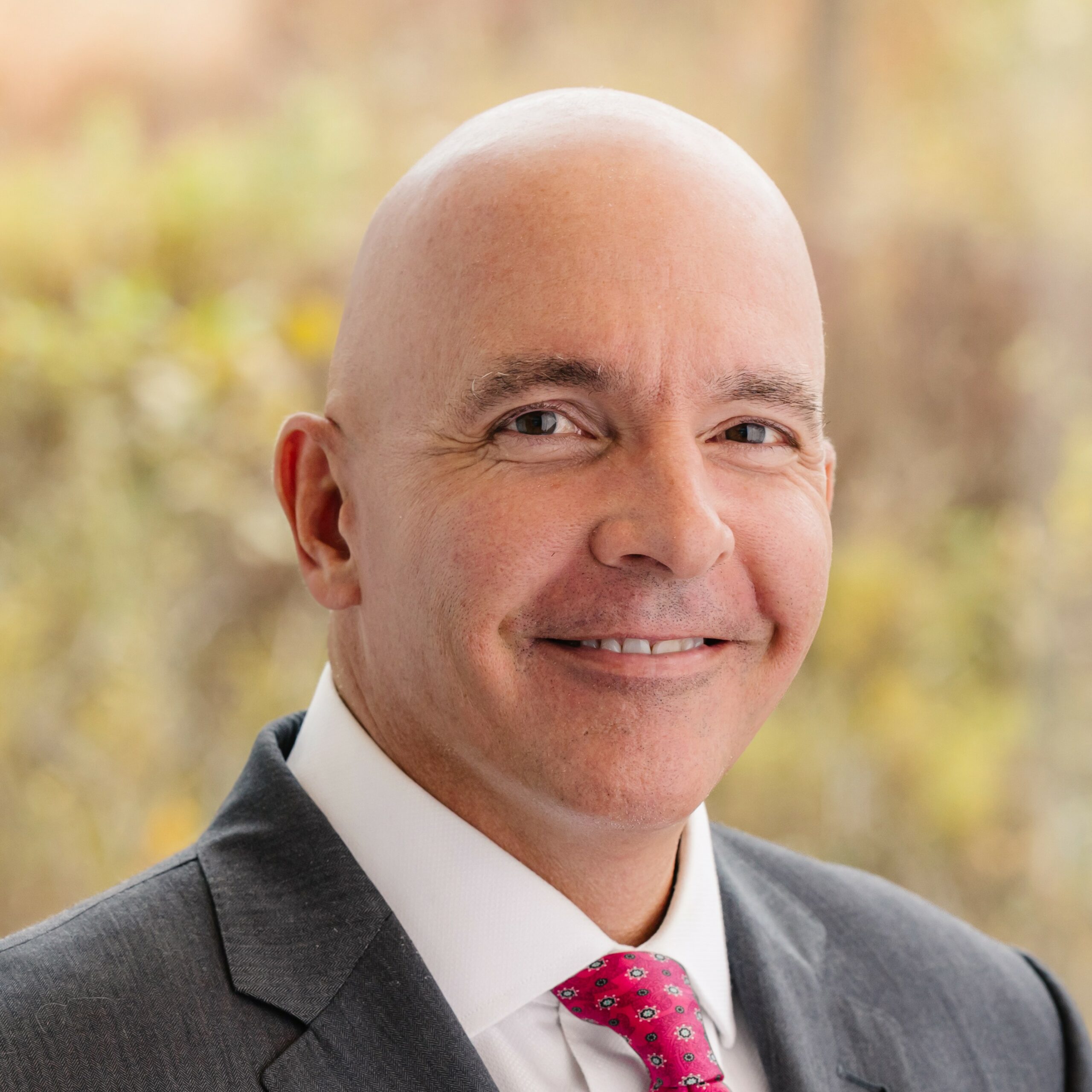 A bald man in a gray suit, white shirt, and pink patterned tie smiles at the camera. The background is softly blurred with hints of greenery and warm colors.