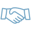 A simple blue outline drawing of two hands shaking, symbolizing agreement, partnership, or cooperation.