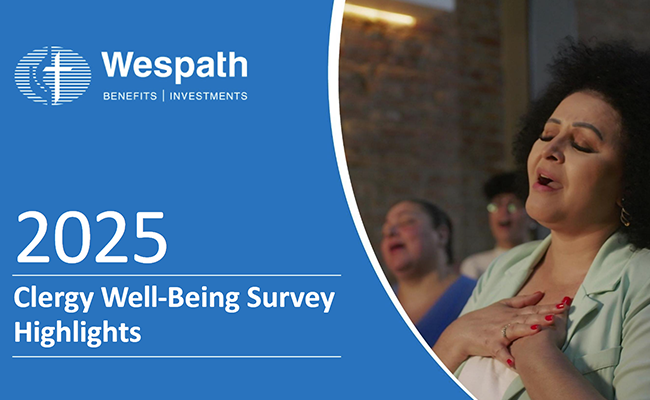 On the right is an image of a woman with her eyes closed and her hands over her heart as she's singing. On the left is white text on a blue background reading 2025 Clergy Well-Being Survey Highlights.