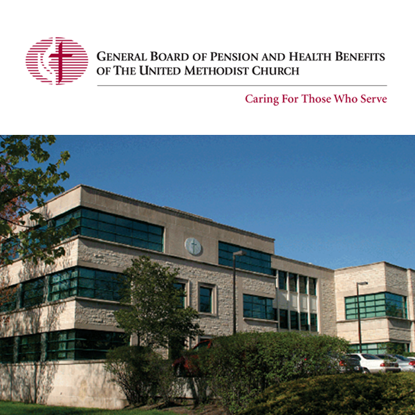 Outside view of a three story building with trees. Above the photo is text "General Board of Pension and Health Benefits Of The United Methodist Church" and below in red text "Caring For Those Who Serve"