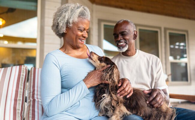 Senior black couple at home cuddling with their longhaired dachshund dog