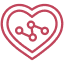 Red outline of a heart containing a network diagram with four connected nodes, symbolizing the intersection of healthcare and technology or connected health.