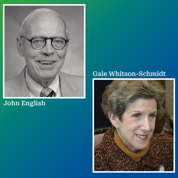 Portrait of John English and portrait of Gale Whitson-Schmidt.
