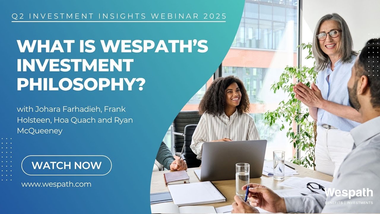 A diverse group of professionals in a bright office smiles and discusses work around a table with laptops. Text promotes a WESPATH investment webinar featuring four speakers, with a 
