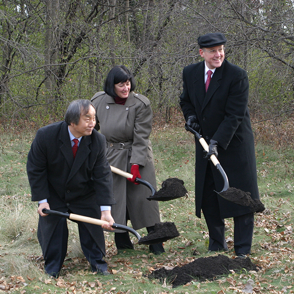 Bishop Hee-Soo Jung; former Wespath General Secretary Barbara Boigegrain; and Bishop Mike Watson (now retired), former Chair of Wespath’s Board of Directors; breaking ground for the new building.