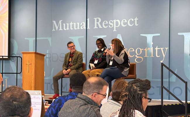 Andy Hendren (General Secretary, Wespath); Rev. Dr. Stephanie Moore Hand (Western North Carolina Conference); Bishop Lanette L. Plambeck (Dakotas-Minnesota Episcopal Area) closing the first day of the event.