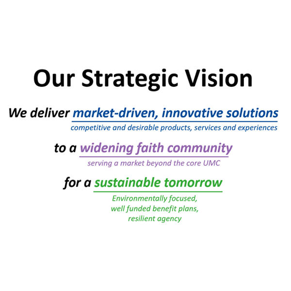 Text reading "Our Strategic Vision. We delivery market-driven, innovative solutions, competitive and desirable products, services and experience to a widening faith community serving a market beyond the core UMC for a sustainable tomorrow. Environmentally focused, well funded benefit plans, resilient agency"